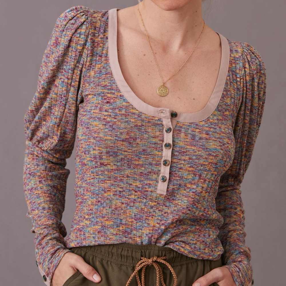 Anthropologie Puff-Sleeved Knit Henley Top Lavender Size XXS